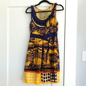 Anthropologie baraschi navy yellow orange brown shift dress size s